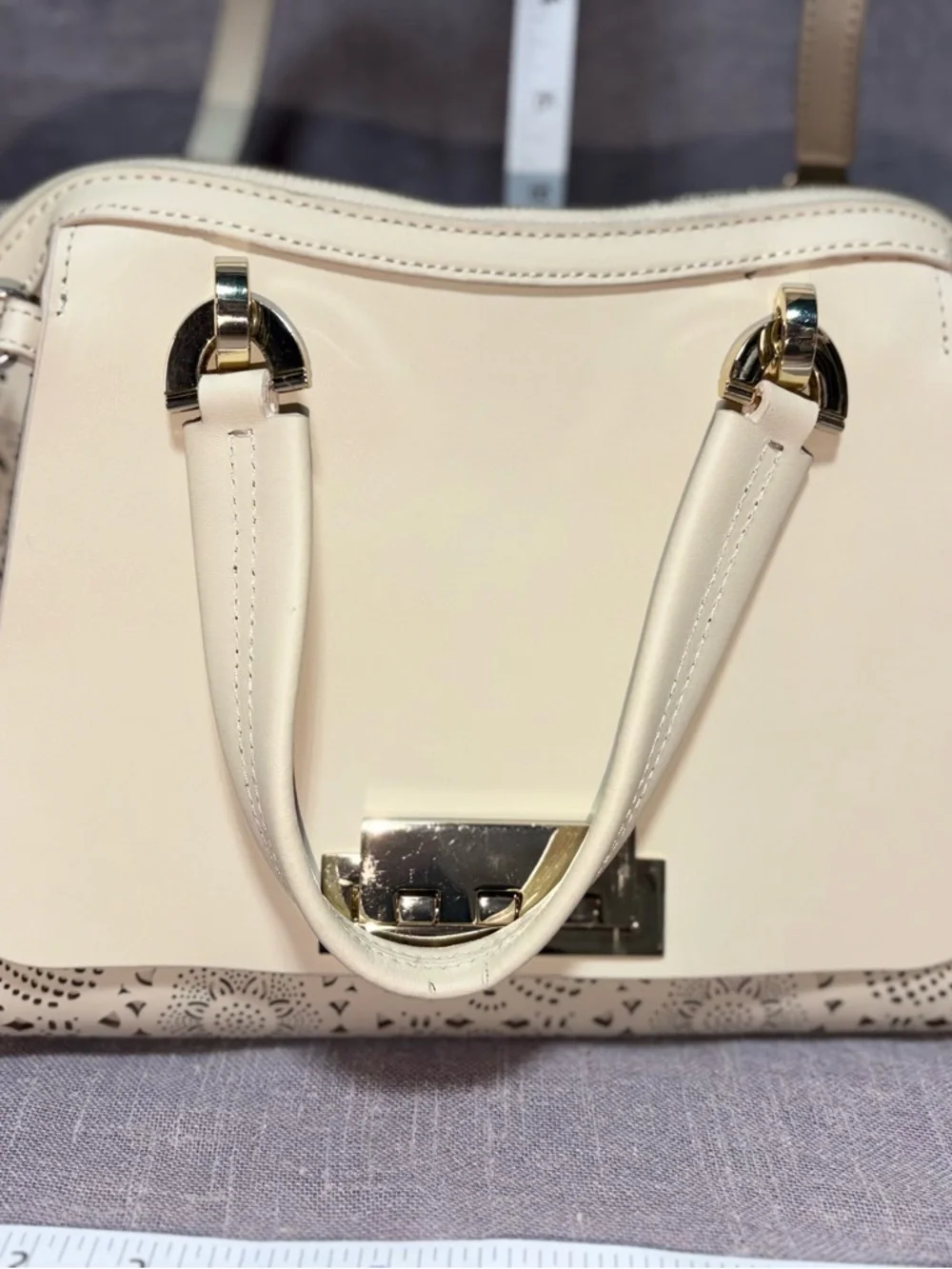 Zac Posen Cream Laser-Cut Floral Satchel with Charm